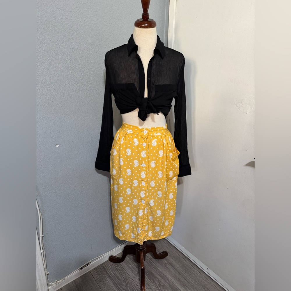 FRNCH Women Bohemian‎ Yellow Floral Button-down Front Pockets Midi Skirt Sz S